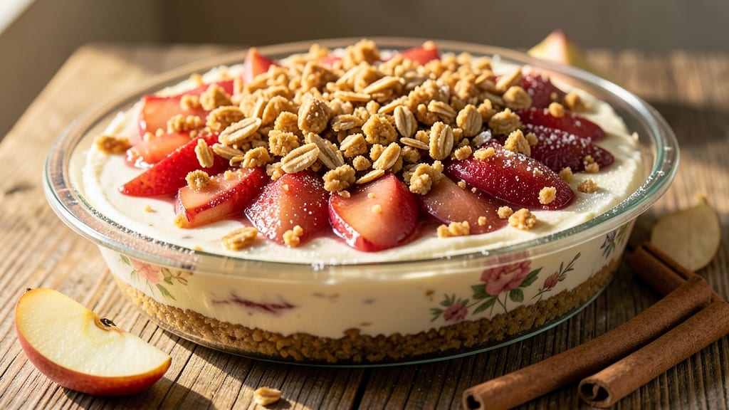 Apple Crisp Cheesecake No-Bake Recipe: Warm Apple Streusel Crown Over Creamy Cheese Layers